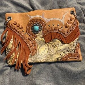 EUC Fringed Western Crossbody Clutch in Tan and Turquoise
